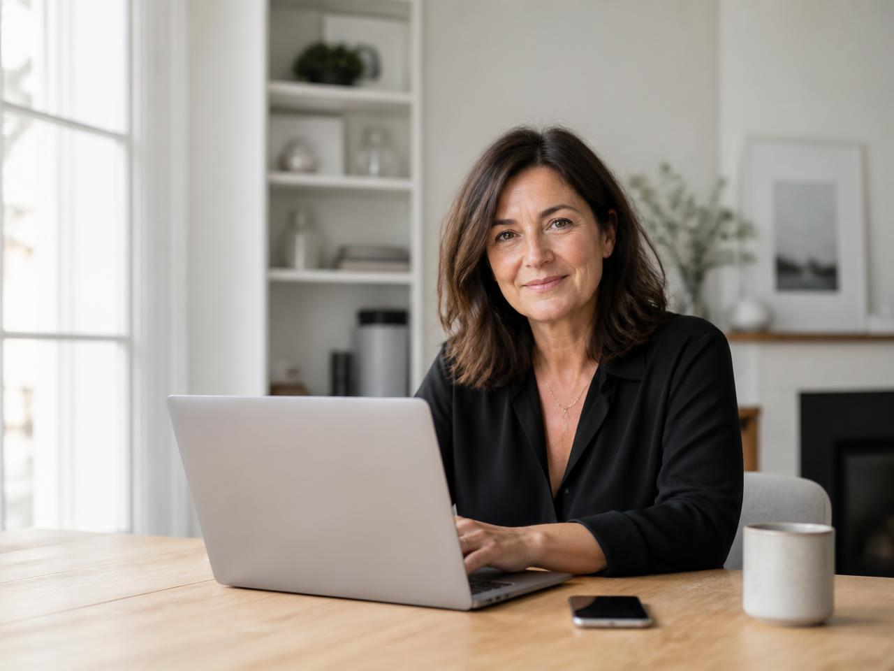 Frau um die 48 Jahre arbeitet entspannt an ihrem Laptop